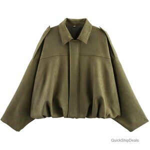 Oversized Faux Suede Bomber Jacket, Lapel Collar, Streetwear Pilot Coat